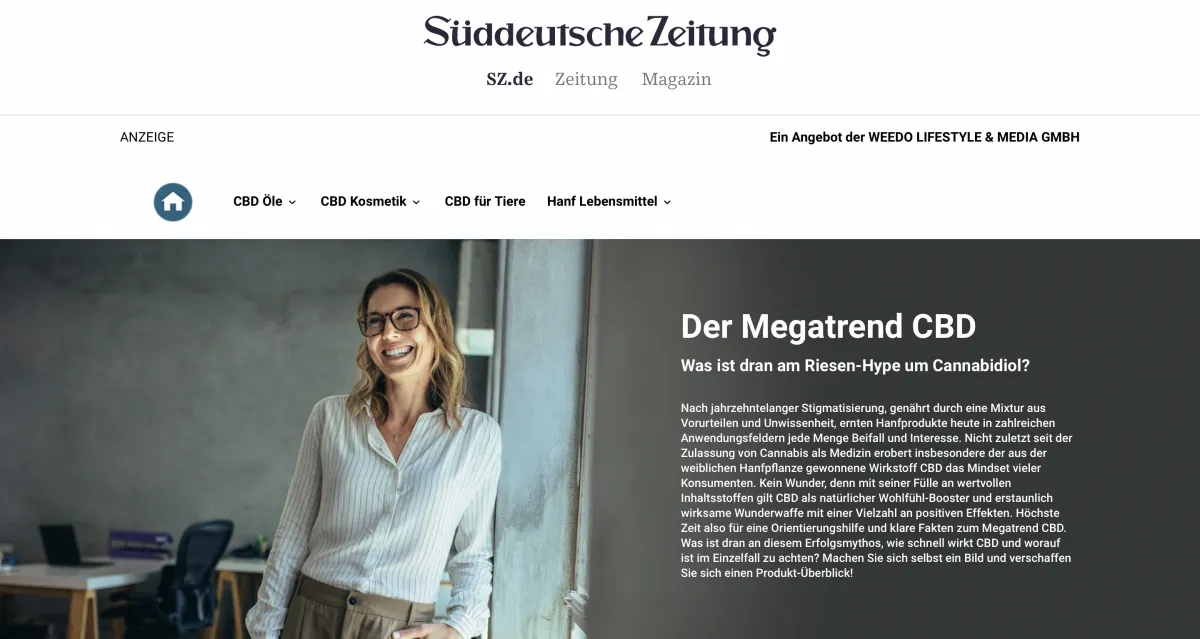 CBD Guide von MyWeedo auf der Seite der Süddeutschen Zeitung, wo auch das zum Unternehmenskonstrukt dazugehörende Hempcrew CBD-Öl beworben wird.