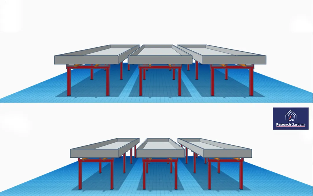 In this drawing, all rolling benches are in their centered position. Top: 1,6m / 5ft wide rolling benches Bottom: 1,2m / 4ft wide rolling benches
