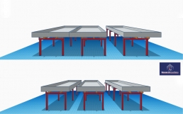 In this drawing, rolling benches are moved to open an aisle. Top: 1,6m / 5ft wide rolling benches Bottom: 1,2m / 4ft wide rolling benches